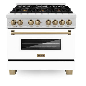ZLINE - Autograph Edition 36 in. 4.6 cu. ft. Legacy Dual Fuel Range with 6 Burner Gas Cooktop and Electric Convection Oven in Satin Stainless Steel with White Matte Door and Champagne Bronze Accents