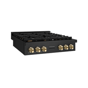 ZLINE - 36 in. Autograph Edition Paramount Gas Rangetop with 6 Burners and Porcelain Cooktop in Black Stainless Steel with Polished Gold Accents