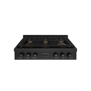 ZLINE - 36 in. Paramount Gas Rangetop with 6 Brass Burners and Porcelain Cooktop in Black Stainless Steel