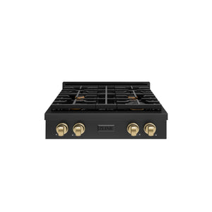 ZLINE - 30 in. Autograph Edition Paramount Gas Rangetop with 4 Burners and Porcelain Cooktop in Black Stainless Steel with Champagne Bronze Accents
