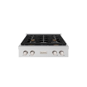 ZLINE - 30 in. Paramount Gas Rangetop with 4 Brass Burners and Porcelain Cooktop in Satin Stainless Steel