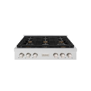 ZLINE - 36 in. Paramount Gas Rangetop with 6 Brass Burners and Porcelain Cooktop in Satin Stainless Steel (SRTS-BR-36)