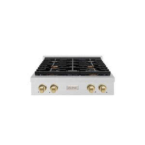 ZLINE - 30 in. Autograph Edition Paramount Gas Rangetop with 4 Burners and Porcelain Cooktop in Satin Stainless Steel with Champagne Bronze Accents