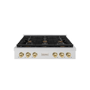 ZLINE - 36 in. Autograph Edition Paramount Gas Rangetop with 6 Burners and Porcelain Cooktop in Satin Stainless Steel with Champagne Bronze Accents