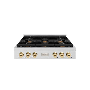 ZLINE - 36 in. Autograph Edition Paramount Gas Rangetop with 6 Burners and Porcelain Cooktop in Satin Stainless Steel with Polished Gold Accents (SRTSZ-36-G)