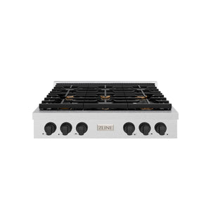 ZLINE - 36 in. Autograph Edition Paramount Gas Rangetop with 6 Burners and Porcelain Cooktop in Satin Stainless Steel with Matte Black Accents