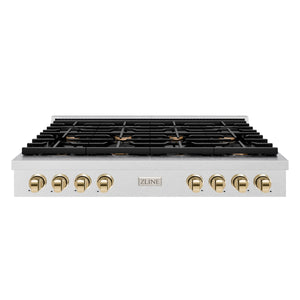 ZLINE - 48 in. Autograph Edition Paramount Gas Rangetop with 8 Burners and Porcelain Cooktop in Satin Stainless Steel with Polished Gold Accents