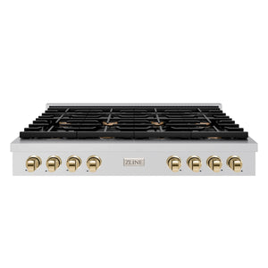ZLINE - 48 in. Autograph Edition Paramount Gas Rangetop with 8 Burners and Porcelain Cooktop in Stainless Steel with Polished Gold Accents