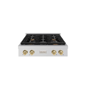 ZLINE - 30 in. Autograph Edition Paramount Gas Rangetop with 4 Burners and Porcelain Cooktop in Stainless Steel with Champagne Bronze Accents