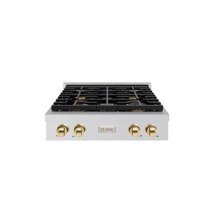 ZLINE - 30 in. Autograph Edition Paramount Gas Rangetop with 4 Burners and Porcelain Cooktop in Stainless Steel with Polished Gold Accents