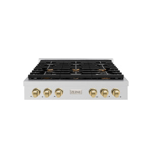 ZLINE - 36 in. Autograph Edition Paramount Gas Rangetop with 6 Burners and Porcelain Cooktop in Stainless Steel with Champagne Bronze Accents