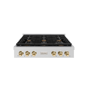 ZLINE - 36 in. Autograph Edition Paramount Gas Rangetop with 6 Burners and Porcelain Cooktop in Stainless Steel with Polished Gold Accents
