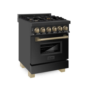 ZLINE - Autograph Edition 24 in. 2.8 cu. ft. Legacy Dual Fuel Range with 4 Burner Gas Cooktop and Electric Convection Oven in Black Stainless Steel and Champagne Bronze Accents