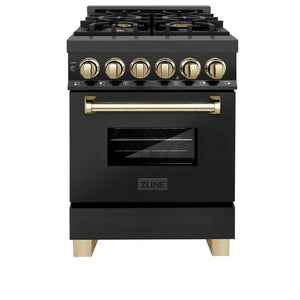 ZLINE - Autograph Edition 24 in. 2.8 cu. ft. Legacy Dual Fuel Range with 4 Burner Gas Cooktop and Electric Convection Oven in Black Stainless Steel and Polished Gold Accents