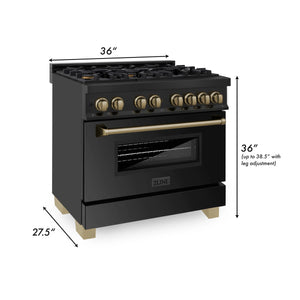 ZLINE - 36" Autograph Edition Kitchen Package with Black Stainless Steel Dual Fuel Range and Range Hood with Champagne Bronze Accents