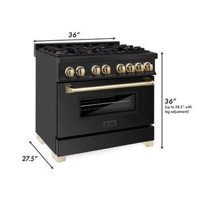 ZLINE - 36" Autograph Edition Kitchen Package with Black Stainless Steel Dual Fuel Range and Range Hood with Gold Accents (2AKP-RABRH36-G)