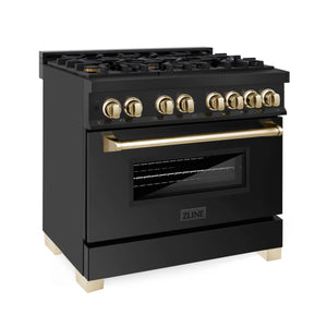 ZLINE - 36" Autograph Edition Kitchen Package with Black Stainless Steel Dual Fuel Range and Range Hood with Gold Accents (2AKP-RABRH36-G)