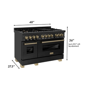 ZLINE - 48" Autograph Edition Kitchen Package with Black Stainless Steel Dual Fuel Range, Range Hood and Dishwasher with Champagne Bronze Accents