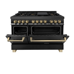 ZLINE - Autograph Edition 48 in. 6.0 cu. ft. Legacy Dual Fuel Range with 7 Burner Gas Cooktop and 2 Electric Ovens in Black Stainless Steel and Champagne Bronze Accents