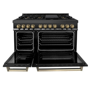 ZLINE - Autograph Edition 48 in. 6.0 cu. ft. Legacy Dual Fuel Range with 7 Burner Gas Cooktop and 2 Electric Ovens in Black Stainless Steel and Champagne Bronze Accents