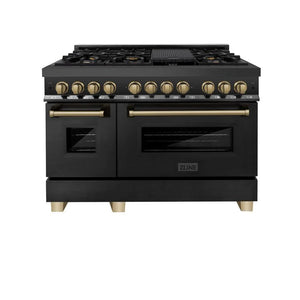 ZLINE - Autograph Edition 48 in. 6.0 cu. ft. Legacy Dual Fuel Range with 7 Burner Gas Cooktop and 2 Electric Ovens in Black Stainless Steel and Champagne Bronze Accents