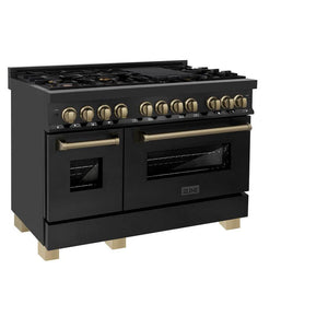ZLINE - Autograph Edition 48 in. 6.0 cu. ft. Legacy Dual Fuel Range with 7 Burner Gas Cooktop and 2 Electric Ovens in Black Stainless Steel and Champagne Bronze Accents