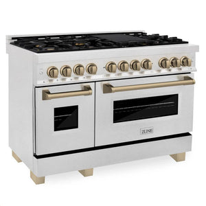 ZLINE - Autograph Edition 48 in. 6.0 cu. ft. Legacy Dual Fuel Range with 7 Burner Gas Cooktop and 2 Electric Ovens in Satin Stainless Steel and Champagne Bronze Accents