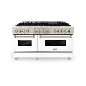 ZLINE - Autograph Edition 60 in. 7.4 cu. ft. Legacy Dual Fuel Range with 9 Burner Gas Cooktop and 2 Electric Convection Ovens in Stainless Steel with White Matte Doors and Polished Gold Accents