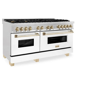ZLINE - Autograph Edition 60 in. 7.4 cu. ft. Legacy Dual Fuel Range with 9 Burner Gas Cooktop and 2 Electric Convection Ovens in Stainless Steel with White Matte Doors and Polished Gold Accents