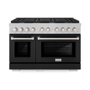 ZLINE - 48 in. 6.7 cu. ft. Paramount Double Oven Dual Fuel Range with 8 Burner Gas Cooktop in Satin Stainless Steel with Black Matte Doors