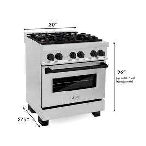 ZLINE - Autograph Edition 30 in. 4.0 cu. ft. Legacy Dual Fuel Range with 4 Burner Gas Cooktop and Electric Convection Oven in Stainless Steel and Matte Black Accents