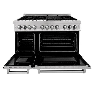 ZLINE - 48 in. Kitchen Package with Satin Stainless Steel Dual Fuel Range and Convertible Vent Range Hood