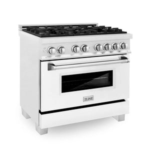 ZLINE - 36 in. Kitchen Package with Satin Stainless Steel Dual Fuel Range with White Matte Door and Convertible Vent Range Hood