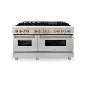 ZLINE - Autograph Edition 60 in. 7.4 cu. ft. Legacy Dual Fuel Range with 9 Burner Gas Cooktop and 2 Electric Convection Ovens in Stainless Steel and Champagne Bronze Accents