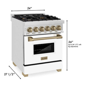 ZLINE - Autograph Edition 24 in. 2.8 cu. ft. Legacy Dual Fuel Range with 4 Burner Gas Cooktop and Electric Convection Oven in Stainless Steel with White Matte Door and Champagne Bronze Accents