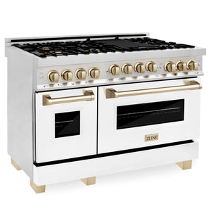 ZLINE - 48" Autograph Edition Kitchen Package with Stainless Steel Dual Fuel Range with White Matte Door and Range Hood with Gold Accents