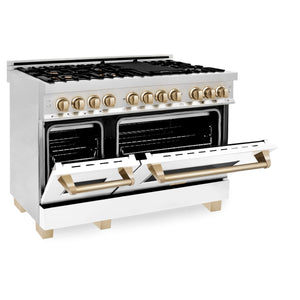 ZLINE - 48" Autograph Edition Kitchen Package with Stainless Steel Dual Fuel Range with White Matte Door and Range Hood with Gold Accents