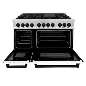 ZLINE - Autograph Edition 48 in. 6.0 cu. ft. Legacy Dual Fuel Range with 7 Burner Gas Cooktop and 2 Electric Ovens in Stainless Steel with White Matte Doors and Matte Black Accents