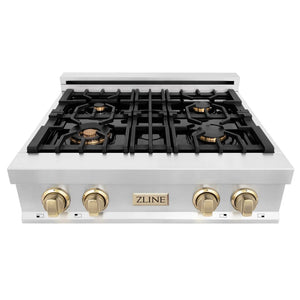 ZLINE - Autograph Edition 30 in. Legacy Gas Rangetop with 4 Burners and Porcelain Cooktop in Stainless Steel with Polished Gold Accents (RTZ-30-G)