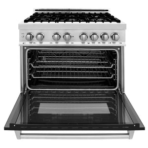 ZLINE - 36" Kitchen Package with Stainless Steel Dual Fuel Range with Black Matte Door and Convertible Vent Range Hood (2KP-RABLMRH36)