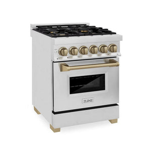 ZLINE - Autograph Edition 24 in. 2.8 cu. ft. Legacy Dual Fuel Range with 4 Burner Gas Cooktop and Electric Convection Oven in Stainless Steel and Champagne Bronze Accents