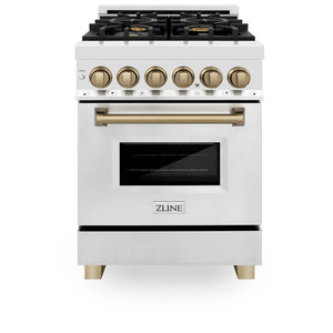ZLINE - Autograph Edition 24 in. 2.8 cu. ft. Legacy Dual Fuel Range with 4 Burner Gas Cooktop and Electric Convection Oven in Stainless Steel and Champagne Bronze Accents