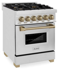 ZLINE - Autograph Edition 24 in. 2.8 cu. ft. Legacy Dual Fuel Range with 4 Burner Gas Cooktop and Electric Convection Oven in Stainless Steel and Champagne Bronze Accents