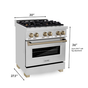 ZLINE - 30" Autograph Edition Kitchen Package with Stainless Steel Dual Fuel Range and Range Hood with Champagne Bronze Accents
