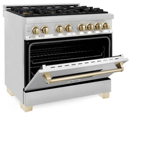 ZLINE - Autograph Edition 36" 4.6 cu. ft. Dual Fuel Range with Gas Stove and Electric Oven in Stainless Steel with Gold Accents (RAZ-36-G)