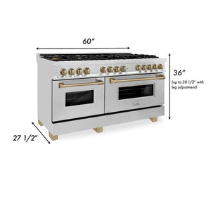 ZLINE - Autograph Edition 60 in. 7.4 cu. ft. Legacy Dual Fuel Range with 9 Burner Gas Cooktop and 2 Electric Convection Ovens in Stainless Steel and Champagne Bronze Accents