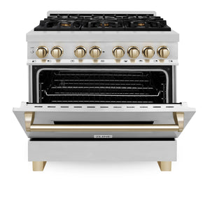 ZLINE - Autograph Edition 36" 4.6 cu. ft. Dual Fuel Range with Gas Stove and Electric Oven in Stainless Steel with Gold Accents (RAZ-36-G)