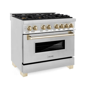 ZLINE - 36" Autograph Edition Kitchen Package with Stainless Steel Dual Fuel Range and Range Hood with Gold Accents (2AKP-RARH36-G)