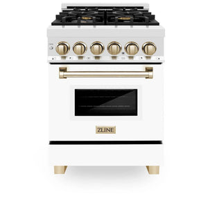 ZLINE - Autograph Edition 24 in. 2.8 cu. ft. Legacy Dual Fuel Range with 4 Burner Gas Cooktop and Electric Convection Oven in Stainless Steel with White Matte Door and Polished Gold Accents