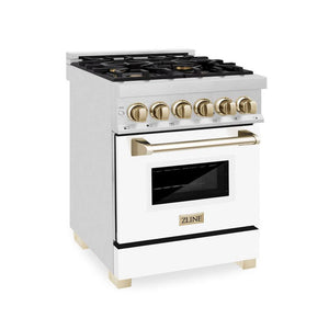 ZLINE - Autograph Edition 24 in. 2.8 cu. ft. Legacy Dual Fuel Range with 4 Burner Gas Cooktop and Electric Convection Oven in Stainless Steel with White Matte Door and Polished Gold Accents